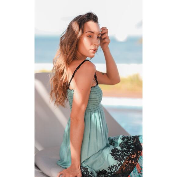 Resort Maxi Dress by T. Zovich Mixed Media Green Floral V-Neck Spaguetti Smocked - Picture 5 of 16